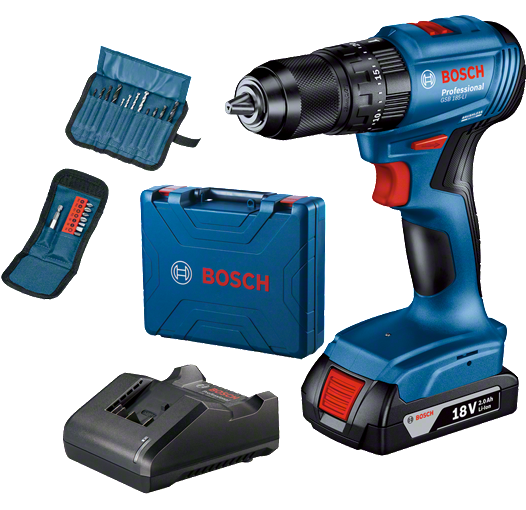 Bosch GSB 185-LI akkus ütvefúró-csavarozó 23 részes fúrószár és bit készlettel (1 x 2.0 Ah Li-ion akkuval, kofferben) termék fő termékképe
